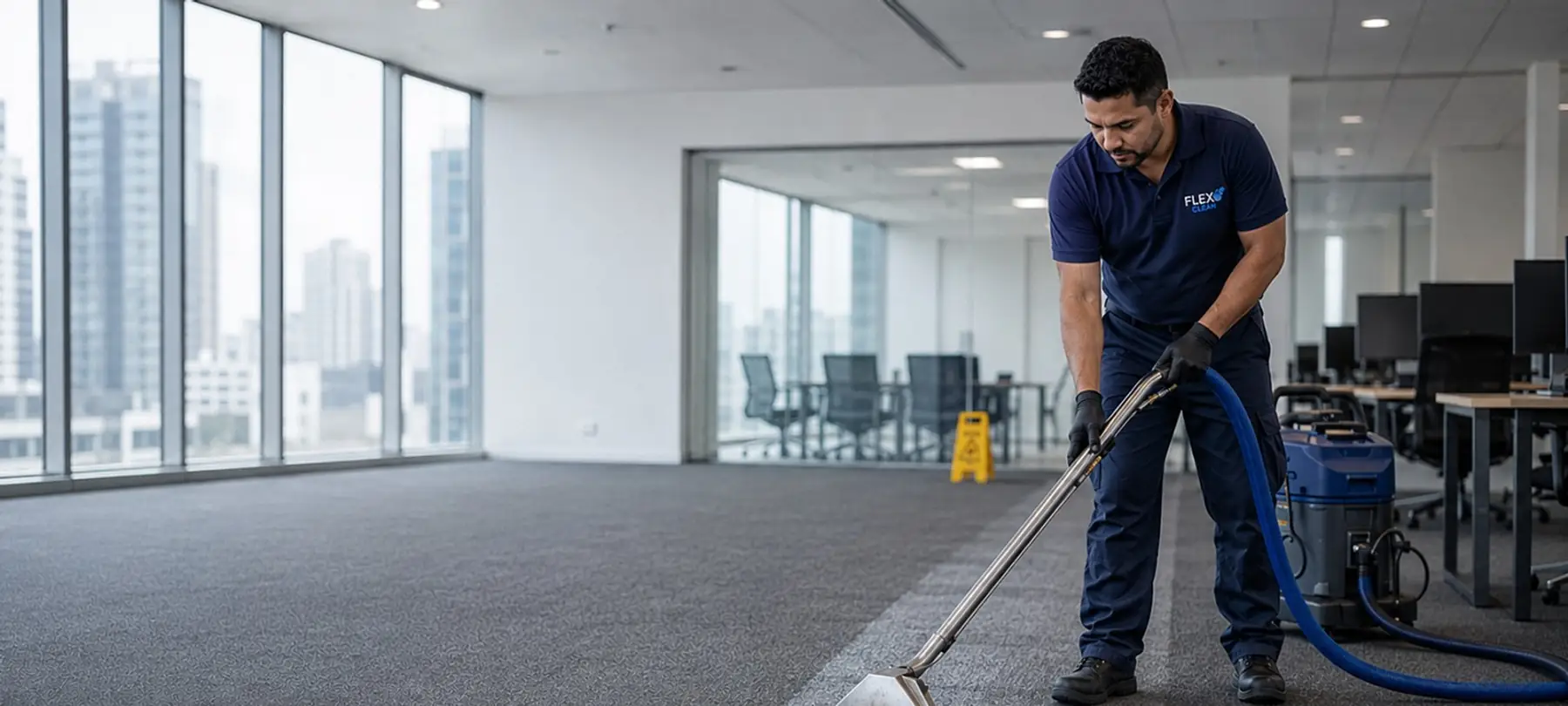 Técnico da Flex Clean extraindo a sujeira do carpete em escritório corporativo, com faixa limpa atrás do bocal