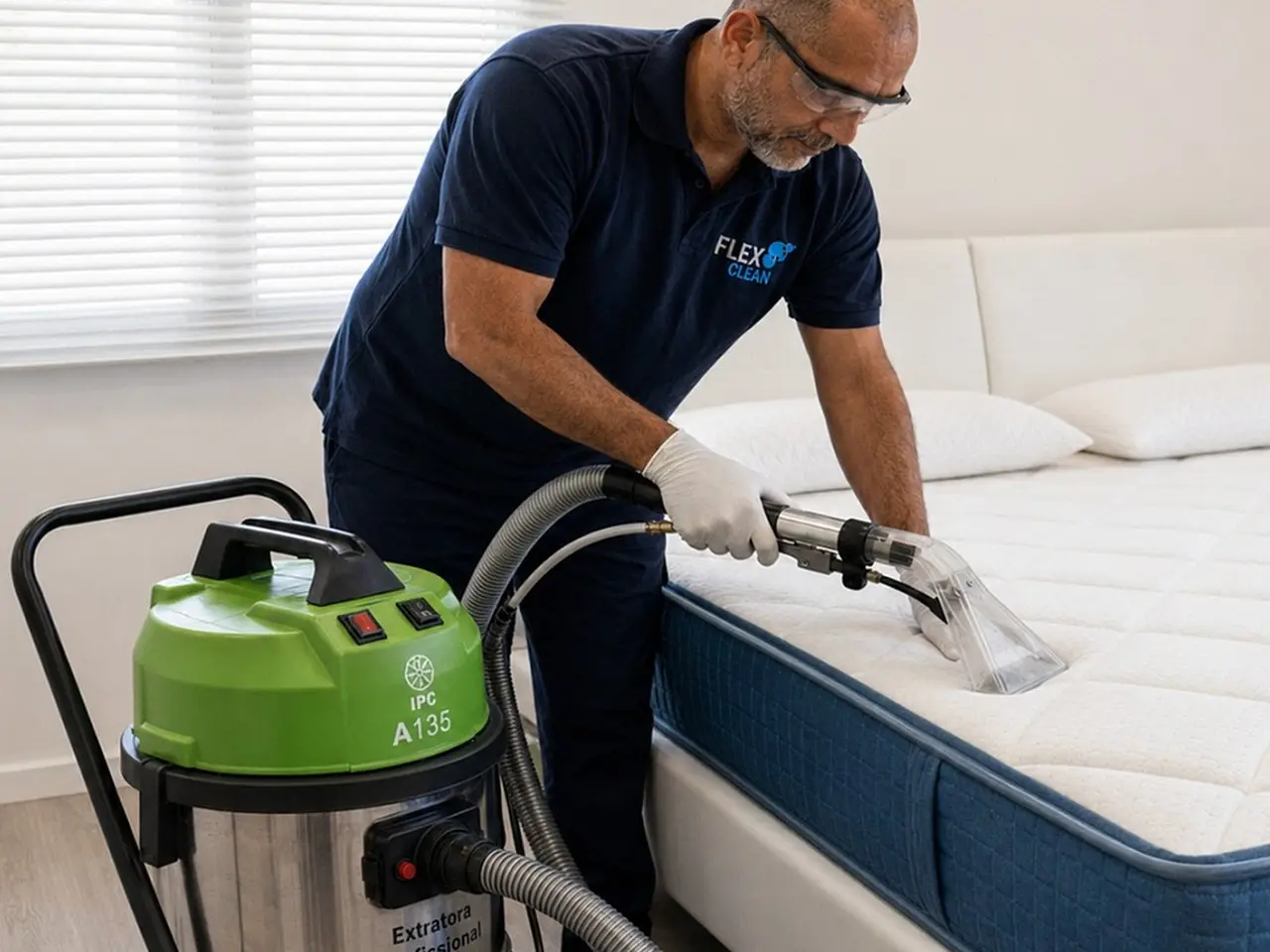 Técnico da Flex Clean higienizando um colchão de casal com extratora profissional no quarto do cliente