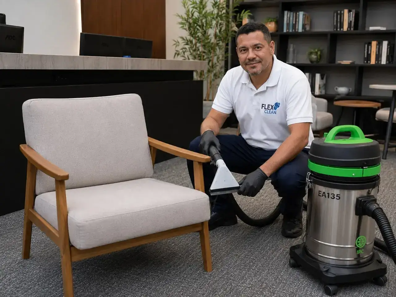 Técnico da Flex Clean higienizando uma poltrona clara com extratora profissional na casa do cliente