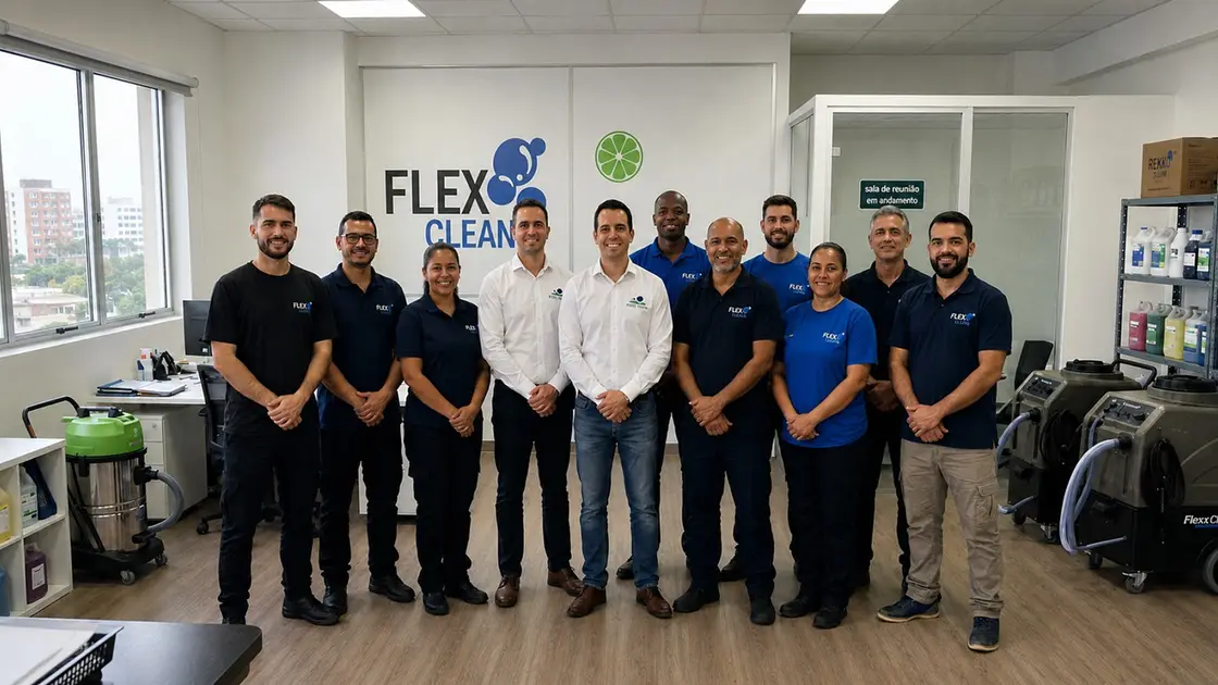 Equipe da Flex Clean reunida na sede da empresa em São Paulo