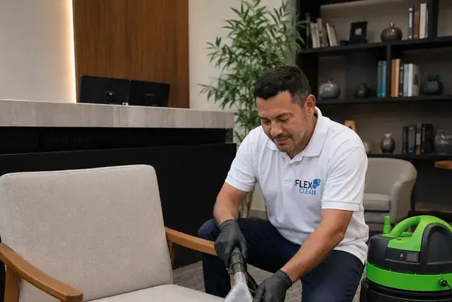 Profissional da Flex Clean higienizando o assento de uma poltrona de tecido claro