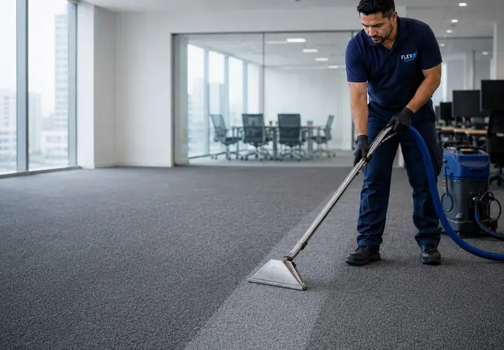 Técnico da Flex Clean finalizando a extração em sala corporativa com carpete limpo