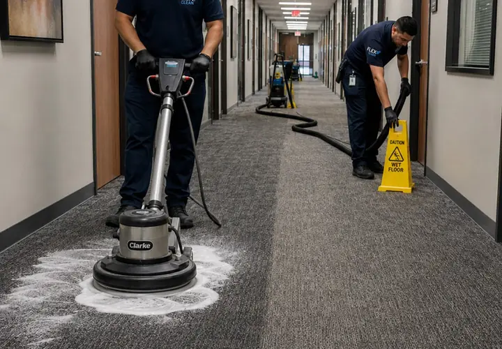 Equipe da Flex Clean com enceradeira em manutenção de carpete corporativo