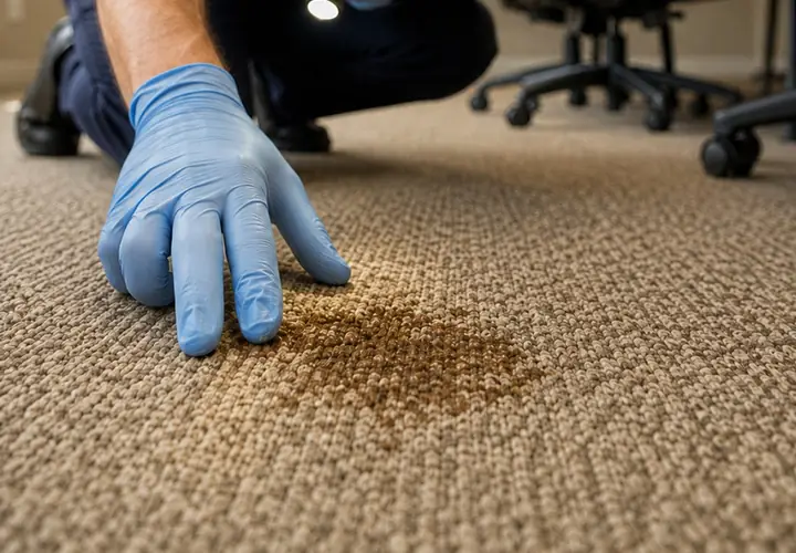 Mancha escura em carpete corporativo sendo avaliada de perto pelo técnico