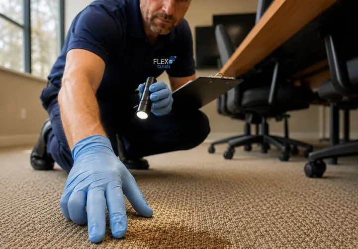Técnico da Flex Clean inspecionando mancha no carpete com lanterna e prancheta
