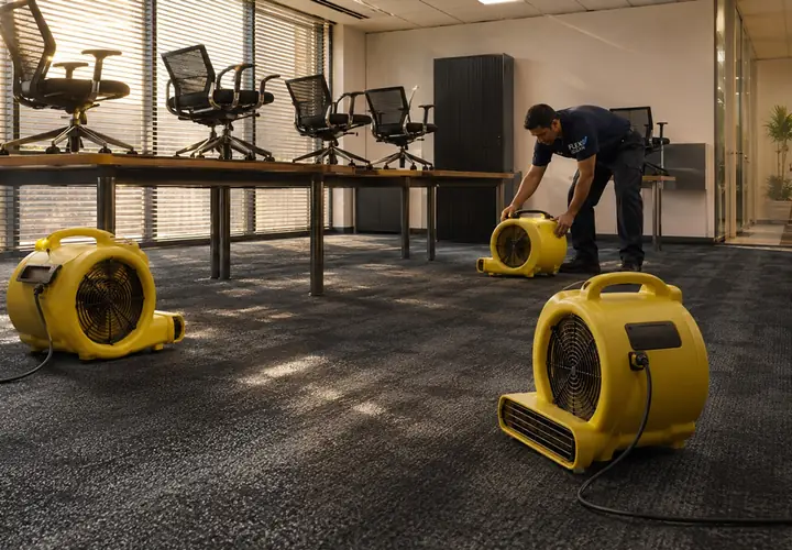 Sopradores de ar posicionados pela Flex Clean para secagem do carpete no local