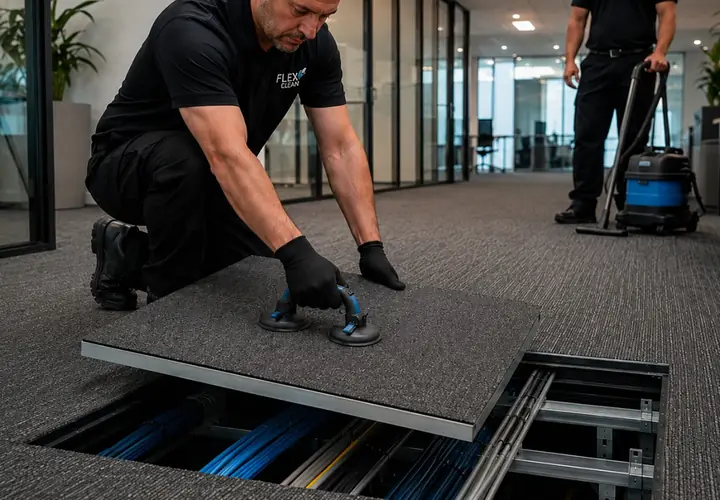 Técnico da Flex Clean erguendo placa de piso elevado com ventosa para higienização