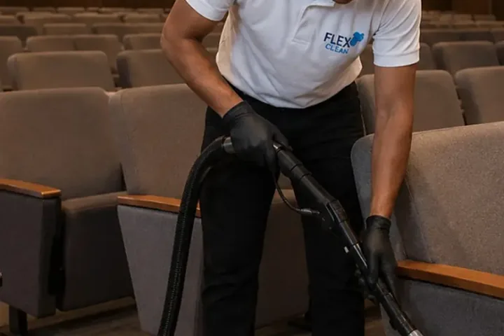Profissional da Flex Clean atendendo a área comum de um auditório