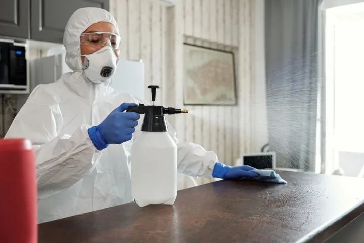 Profissional de EPI desinfetando o ambiente interno de uma residência