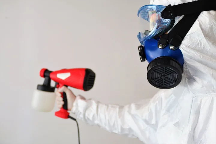 Profissional com respirador e equipamento de aplicação pronto para o serviço