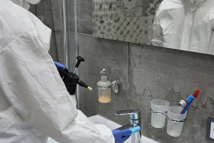 Profissional de EPI desinfetando a pia e as superfícies de um banheiro