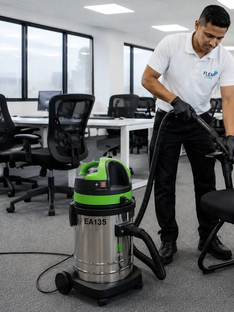 Técnico da Flex Clean cuidando de cadeiras de escritório em ambiente corporativo