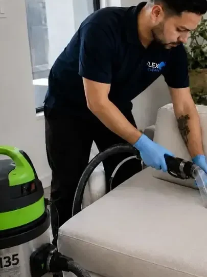 Técnico da Flex Clean aplicando o produto indicado no tecido de um sofá claro