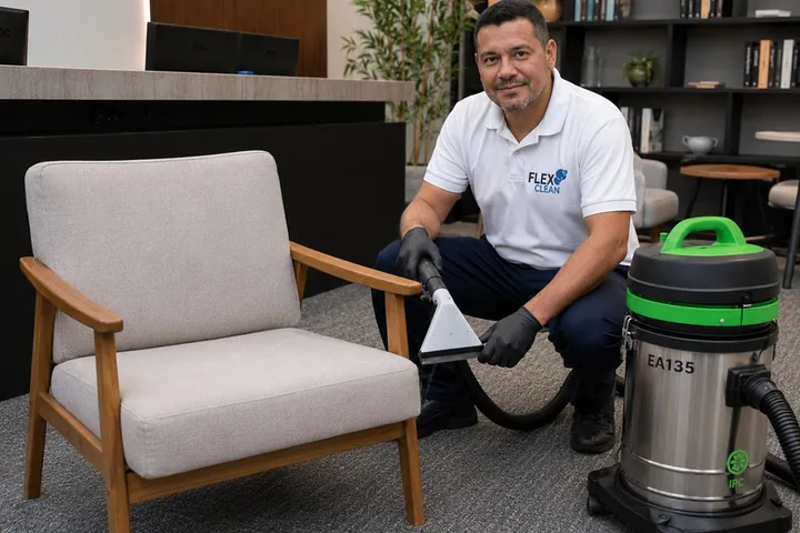 Profissional da Flex Clean avaliando o tecido de uma poltrona clara antes do serviço