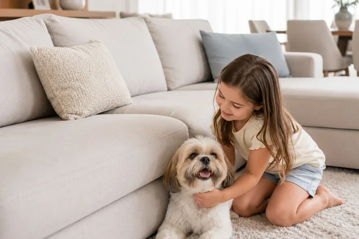 Criança brincando com o cachorro ao lado do sofá claro da sala