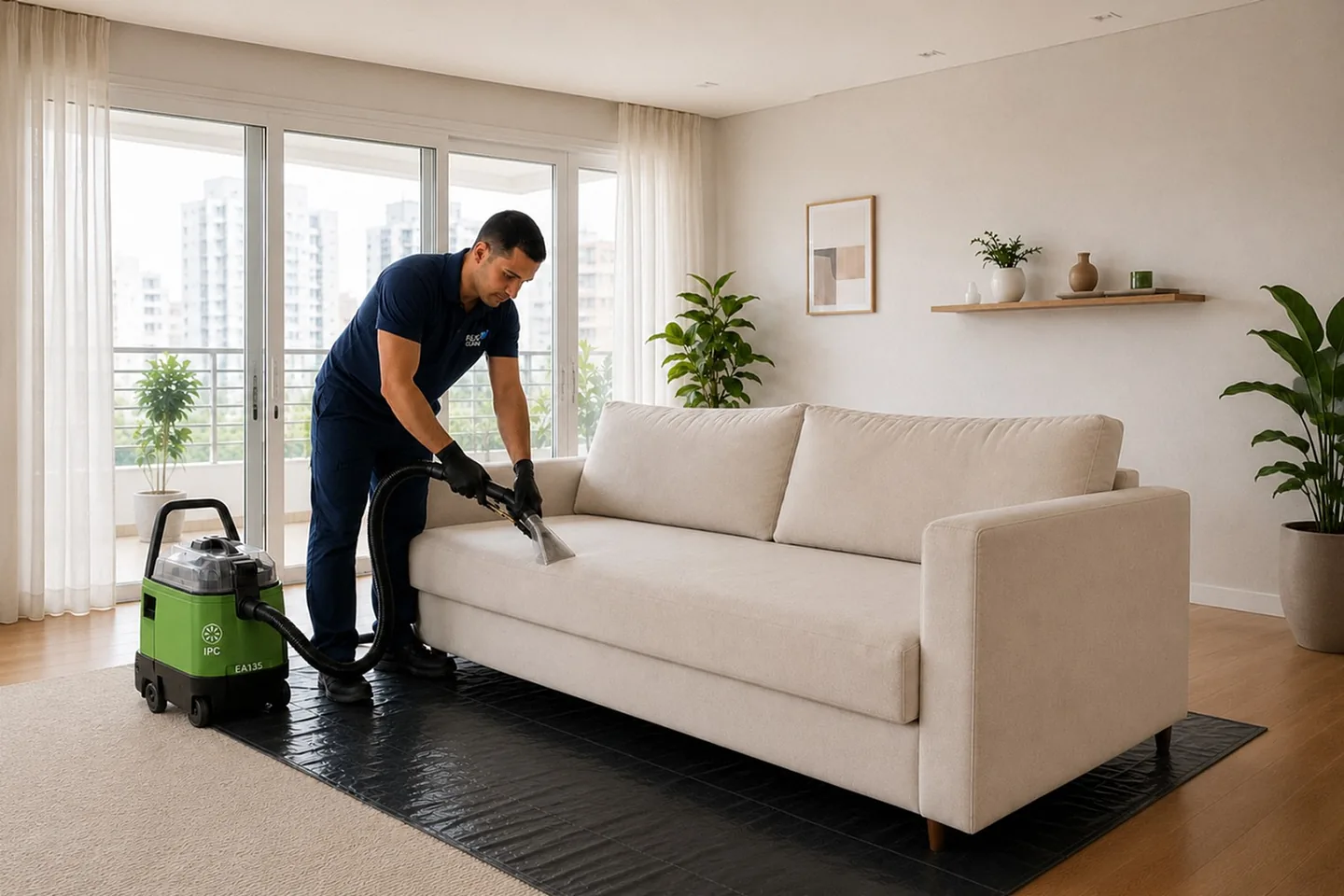Técnico da Flex Clean finalizando a higienização de um sofá claro em uma sala ampla
