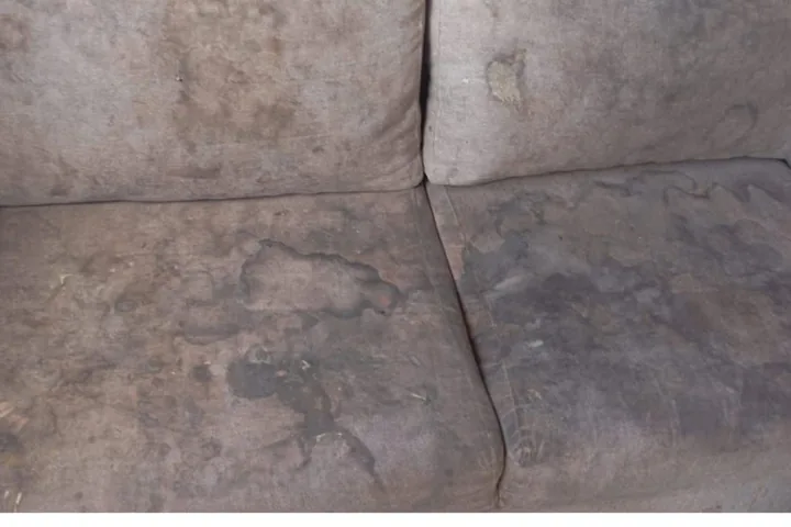 Close do assento de um sofá cinza encardido, com manchas impregnadas no tecido