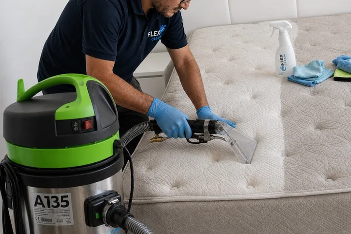 Técnico da Flex Clean tratando a superfície de um colchão no quarto do cliente