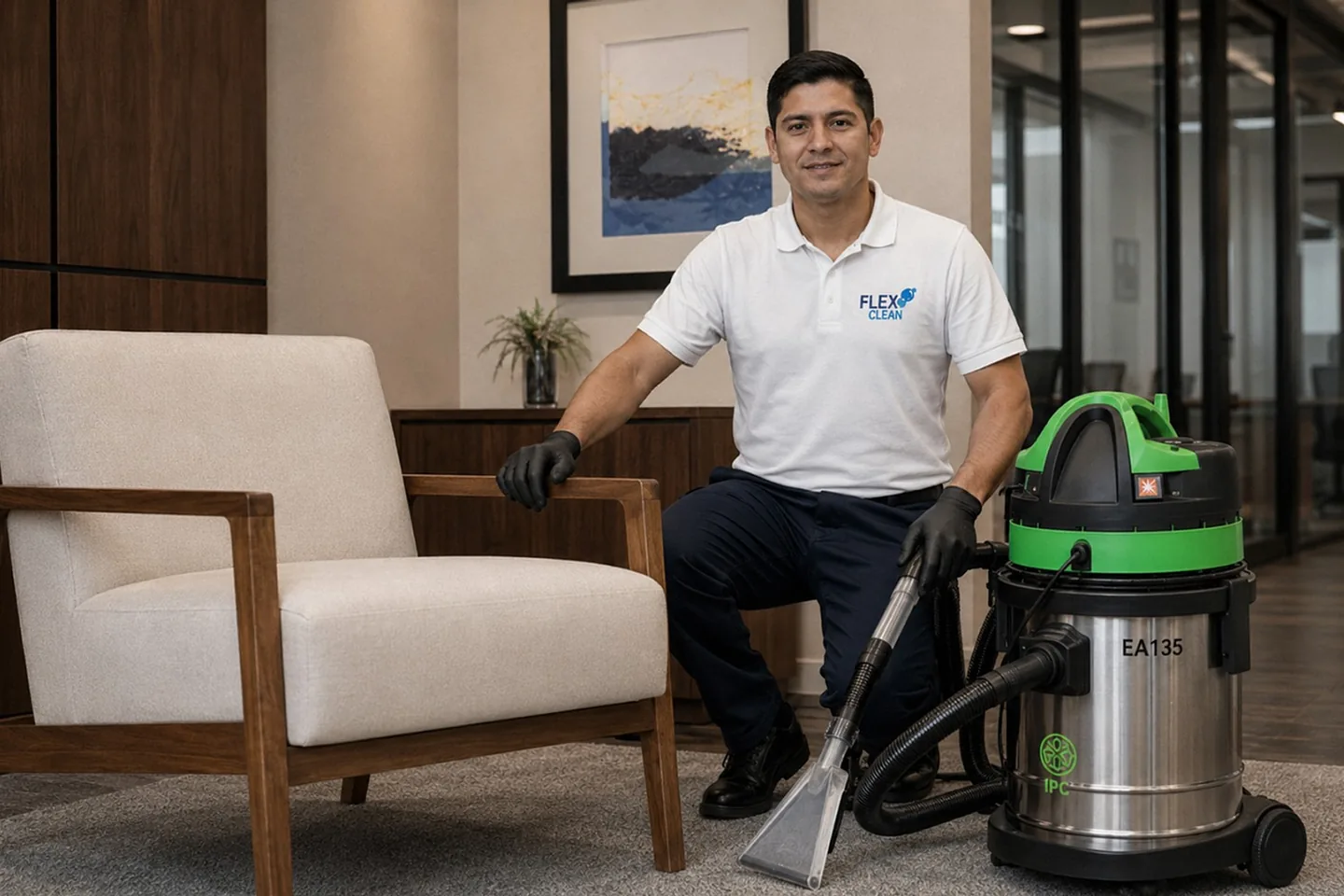 Profissional uniformizado da Flex Clean com o equipamento ao lado de uma poltrona clara