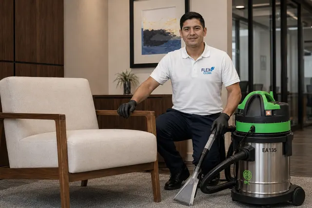 Técnico da Flex Clean avaliando o tecido de uma poltrona antes da lavagem