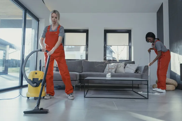 Equipe uniformizada fazendo a limpeza de uma sala depois da reforma
