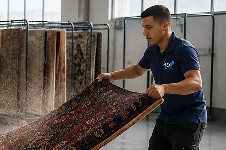 Equipe da Flex Clean sacudindo um tapete na oficina para soltar a poeira sem uso de água