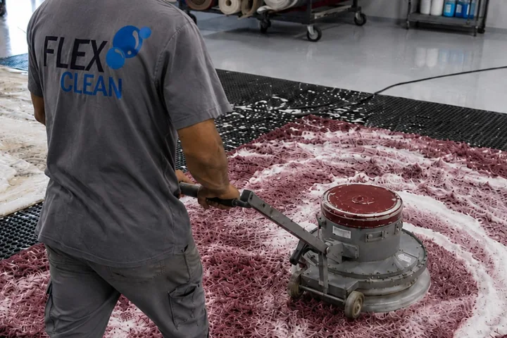 Máquina rotativa da Flex Clean aplicando espuma sobre a fibra de um tapete bordô