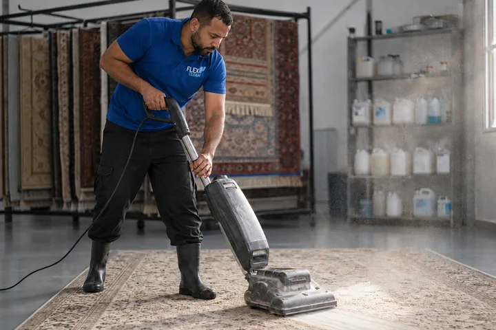 Técnico da Flex Clean aspirando um tapete persa na oficina, com a poeira saindo da fibra