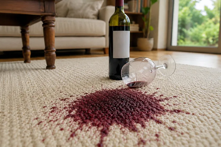 Vinho tinto derramado sobre o tapete da sala, com a taça caída ao lado da garrafa