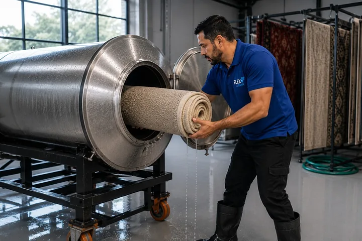 Técnico da Flex Clean colocando um tapete enrolado na centrífuga industrial da oficina