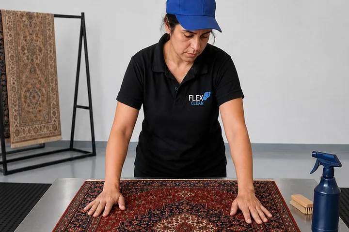 Profissional da Flex Clean testando a fibra de um tapete persa aberto na bancada de inspeção