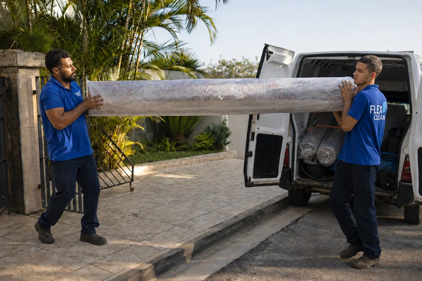 Equipe da Flex Clean carregando na van um tapete embalado, retirado na casa do cliente