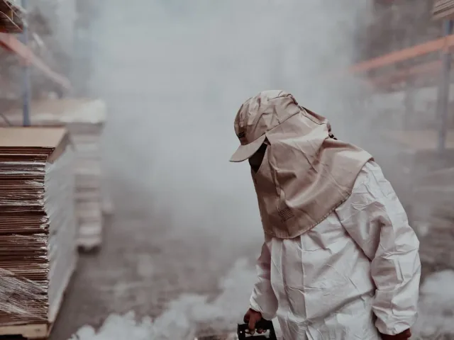 Técnico em traje de proteção aplicando termonebulização para controle de pragas