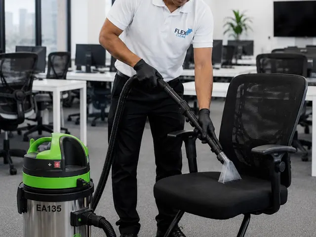 Técnico da Flex Clean higienizando cadeiras em escritório corporativo