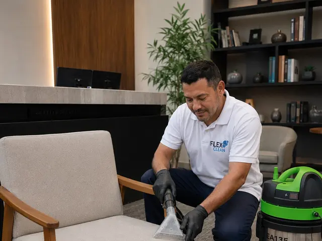 Profissional da Flex Clean higienizando uma poltrona em ambiente residencial